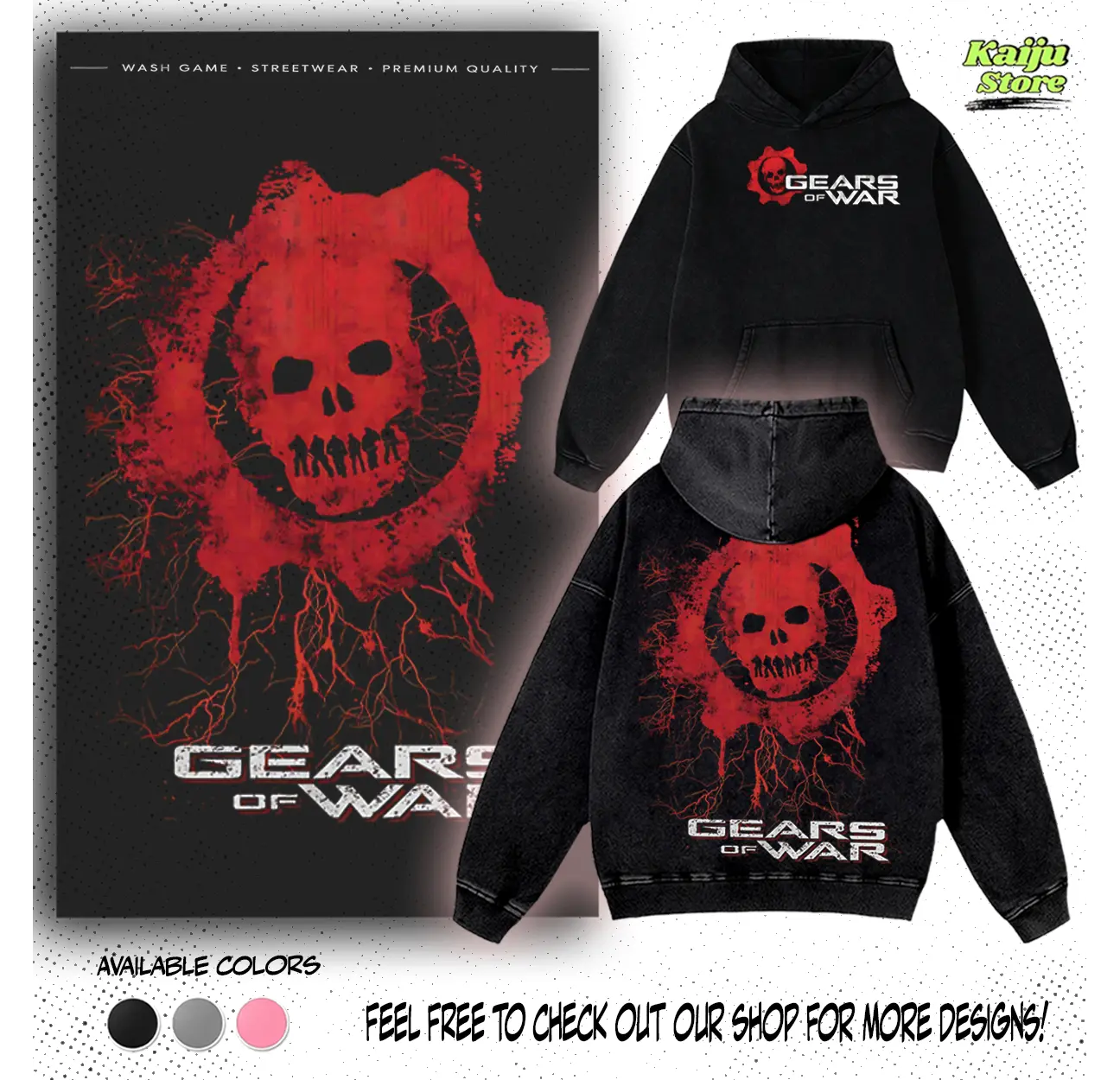 Gears of War Art Game Washed Hoodie  2 Sided Cotton Unisex Graphic Game Movie Tops Graphic Tee Game Acid Wash Clothing Merch Trendy Game Day Casual Menswear Casual Unisex Apparel Cotton T-Shirt Gift For Fan