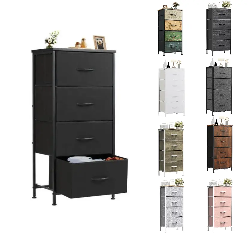 Small Nightstand with Fabric Drawers,Bedside Table with Wooden Top,4 Drawer Storage Cabinet,Bedroom Dresser Organizer for Closet Dorm Entryway