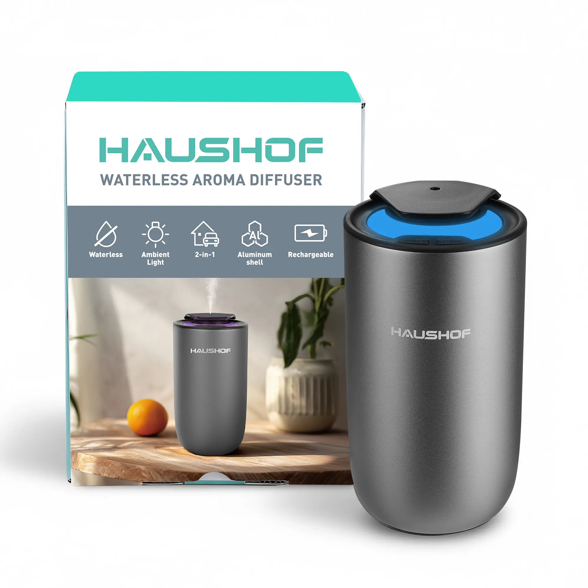 #fathersdaygift HAUSHOF Waterless Essential Oil Diffuser for Home & Car, Smart Aromatherapy Scent Diffuser with Auto On/Off, 3 Mist Levels & 3 Color Lights, Rechargeable Portable Design, Premium Silver Metal Finish