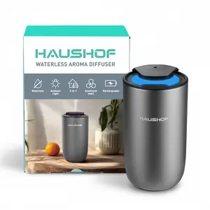 HAUSHOF Waterless Essential Oil Diffuser for Home & Car, Smart Aromatherapy Scent Diffuser with Auto On/Off, 3 Mist Levels & 3 Color Lights, Rechargeable Portable Design, Premium Silver Metal Finish