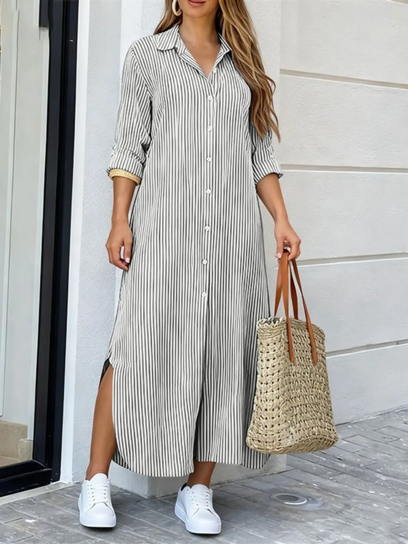 Women's Casual Striped Dress, Collared Long Sleeve Side Slit Shirt Dress, Casual Chic Fitted Design, Everyday, Perfect for Daily Commuting and Outings, Womenswear - TikTok Shop Women's Casual Striped Dress, Collared Long Sleeve Side Slit Shirt Dress, Casual Chic Fitted Design, Everyday, Perfect for Daily Commuting and Outings, Womenswear - TikTok Shop