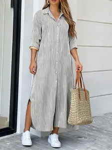 Women's Casual Striped Dress, Collared Long Sleeve Side Slit Shirt Dress, Casual Chic Fitted Design, Everyday, Perfect for Daily Commuting and Outings, Womenswear