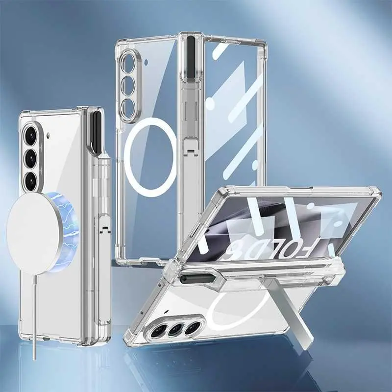 For Samsung Z Fold6 Clear Airbag Phone Case Magnetic Stand Folding For Samsung Z Fold6 External Metal Plate Stylish Full Coverage HNO89PL