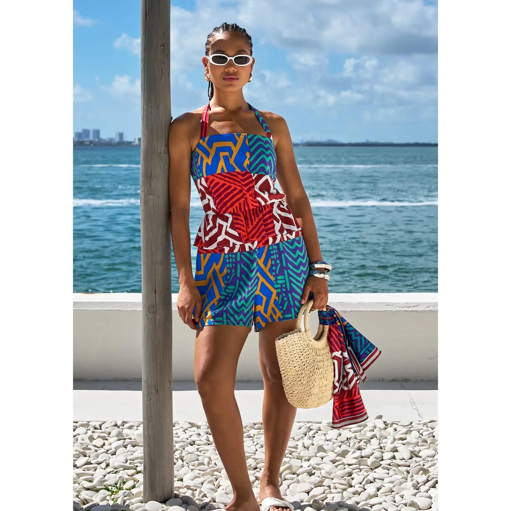 Nanjala Women's African Print Smocked Romper (Orange Blue Multipattern)