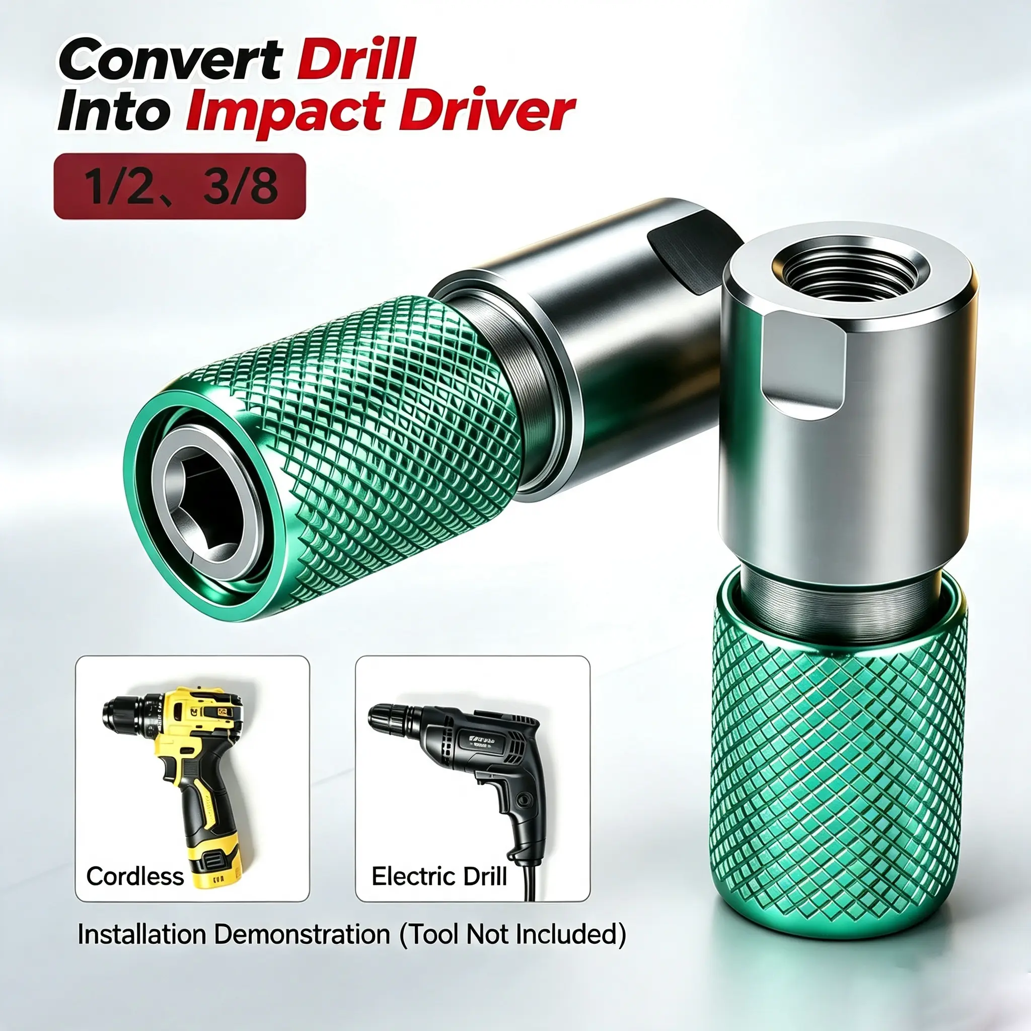 Drill to Hex Shank Adapter, 1/2 & 3/8 Inch Impact Driver Conversion Connector, Quick Change Bit Adapter for Electric Drill