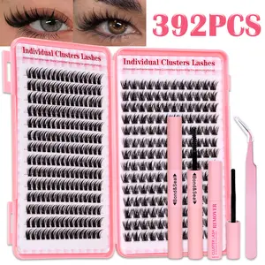 392pcs Lash Clusters Kit, Cluster Eyelashes Kit, Thick Volume D Curl Eyelash Clusters Lash Extension Kit, Waterproof Long-Lasting False Lashes Kit，Includes Bond&Seal+Remove+Eyelash Tweezers, Beginner Friendly Makeup