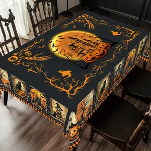 Halloween Decor Printed Tablecloth, Day Of The Dead Round Table Cloth, halloween outdoor decoration set 2025, Castle Pumpkin Black Cat Pattern Print, Holiday Party  Decoration, Rectangular Table Cover, Holiday Household Kitchen Supplies Gift