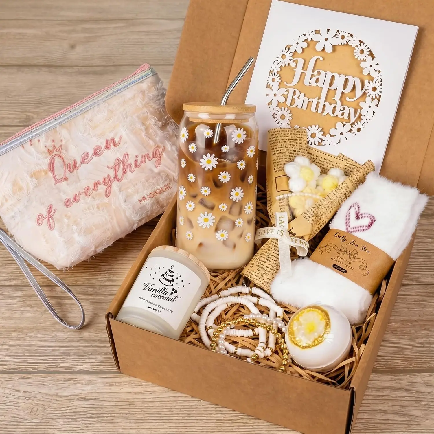 Birthday Gifts for Girls Her, 9 PCS Birthday Gift Basket with Glass Cup for Women, Happy Birthday Gift Box for Teens Sister Daughter Best Friend, Self Care Gift Set