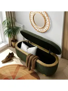 Deep green round fusion storage stool ,Soft cushion seat+hidden storage,Three purpose bedroom living room entrance,Anti slip wrought iron bottom,Dark green velvet surface light luxury style