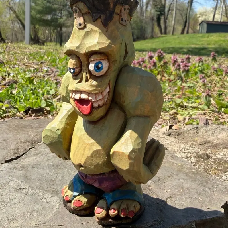 Frankenstein Esk Monster Decorative woodcarving - Artistic Home Decor Ornament with Rotund Belly, Painted Toes, Goofy, Fun Vibe, Paint-Accented Figurine for Home Supplies Display