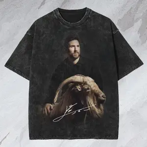Men's Messi Graphic Wash Shirt, Casual Sporty T-shirt, Football Goat Outdoor Clothing, Soccer Legend Champ Street Style Washed t-shirt 0UP