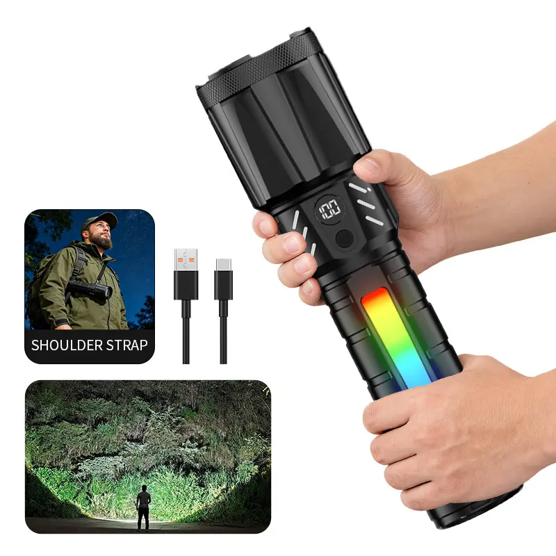 High Lumens Rechargeable Large Handheld Flashlight, Telescopic Zoom Beam, LCD Digital Power Display, Side 13 Color Neon Lights, Built-in 5400mAh Battery, USB Charging Lamp with Detachable Crossbody Strap, Ideal for Household Lighting, outdoor Work