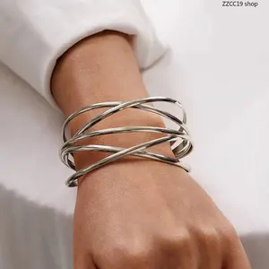 Multi-Layer Cross Cuff Bracelet, Adjustable Open Bangle Gold Silver Rose Gold Black Minimalist Jewelry for Women