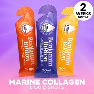 Marine Collagen Liquid Shots | 12,000mg Hydrolyzed Collagen Supplement with Hyaluronic Acid & Vitamin C | Ready-to-Drink Collagen Sachets for Skin, Hair & Joints | Mango, Orange & Berry | 14 or 28 Day Supply