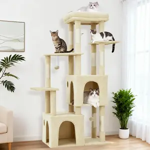 GAOMON 61" Multi-Level Cat Tree for Indoor Cats, Heavy-Duty Tower for Large Adult & Maine Coon Cats with Extra-Large Perch, 2 Spacious Condos, Natural Sisal Scratch Posts & Play Toys – Beige