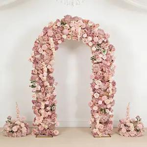 Artificial Flower Arch Backdrop Mixed Dusty Rose 4ft x 8ft Silk Roses, Hydrangeas & Chrysanthemums for Round Top Double Arch Stand