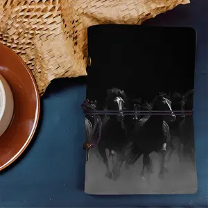 Elegant A6 Meeting Notebook Handmade Faux Leather, Refillable Luxury New Year Gift for Office Staff, Suitable for Work Records with Pattern on the Cover  Running horses in black - and - white