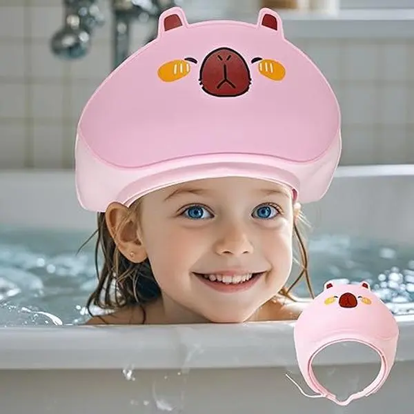 1pc Adorable Piggy-Themed Youngsters Shower Cap |         Soft & Comfortable TPE Material |         Adjustable with Ear Protection |         Cute Cartoon Design in Pink, Blue, Yellow for Fun Bath Time