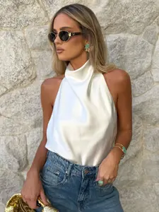 Sexy Satin Halter Top Women Corset Tanks & Camis Backless Crop Top Woman y2k Sleeveless Tank Tops Ladies Fashion Black White Orange Pink Yellow Brown Top Casual Vacation Top