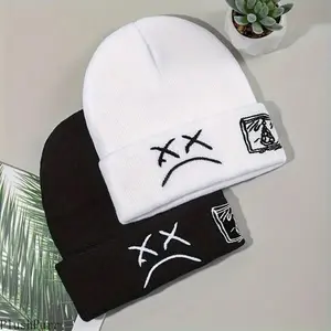 Unisex Sad Face Embroidered Graphic Beanie - Stylish Hip Hop Winter Knit Cuffed Skull Cap, Warm Comfortable Machine-Washable Bag Accessory for Men (summerwins)