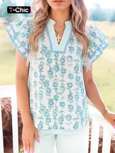 Summer Fashion Floral Print Striped Details Colorblock V Neck Patchwork Pleated Sleeve Top, Women's Casual Blouse Shirts Fit