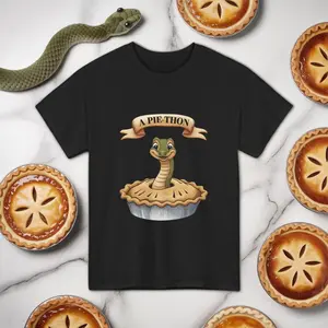 A Pie-Thon Funny Snake Pun Shirt – Cute Animal Joke T-Shirt Featuring Cartoon Python in a Pie – Quirky Graphic Tee Perfect for Pun Lovers, Reptile Fans, and Unique Gift Ideas