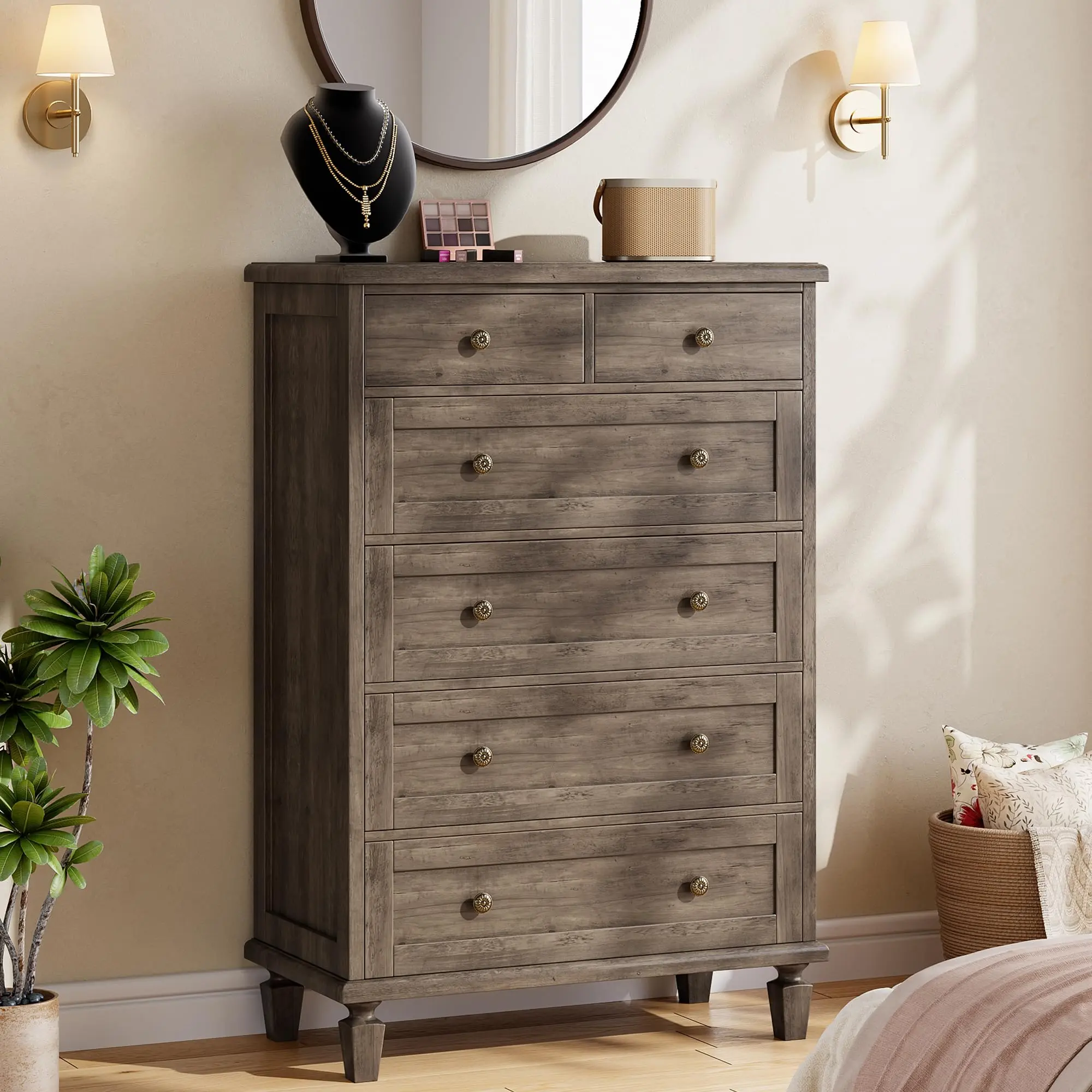 Vintage 6-Drawer Tall Solid Wood Dresser - Sturdy, Distressed Wood Finish, Tapered Legs, Deep Drawers, Reinforced Slides, Grey for Bedroom, Living Room Organization