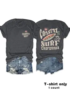 Women's Vintage Coastal Surf California Print Round Neck Graphic Tee, Casual Fashion Short Sleeve T-shirt for Summer, Ladies Clothes for Daily Wear, Everyday, Top