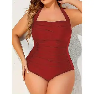 Plus Size Retro Swimsuit, Women's Plus Solid Cross Front Tummy Control Halter One Piece Bathing Suit Swimming