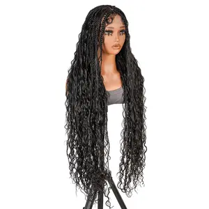 YMSGIRL Black 36" Boho Goddess Braided Wig Full Lace Cap Lightweight Pre-styled Bohemian Box Braids For Special Occasions Effortless Glamour
