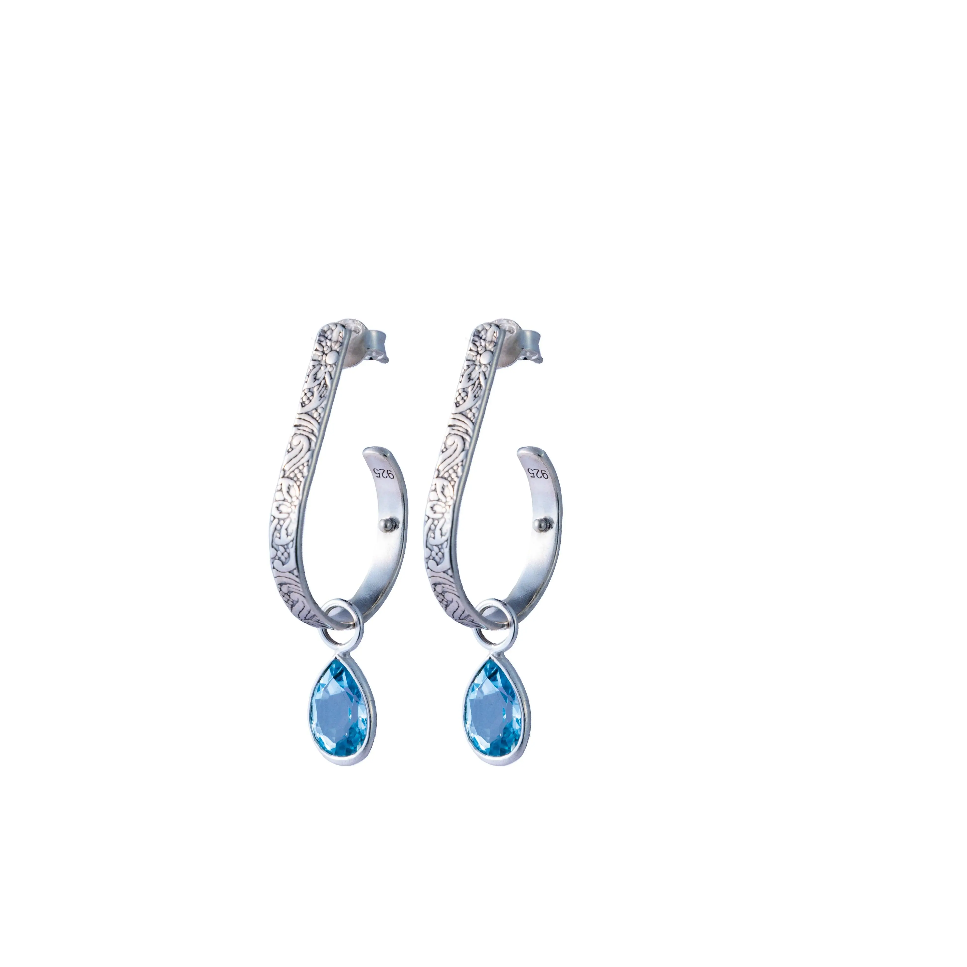 Designer Blue Topaz Hoop Earrings in Gold Plated Sterling Silver