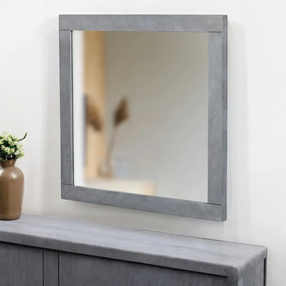360 Stand 35 in. Gray Wood-Framed Modern Accent Mirror, Home Decor Glass Mirror with Wall Mount Installation Compatibility