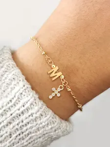 Women's Stainless Steel Beaded Bracelet, Zirconia Cross Letter Pendant Design, Casual All-Season Jewelry Accessory