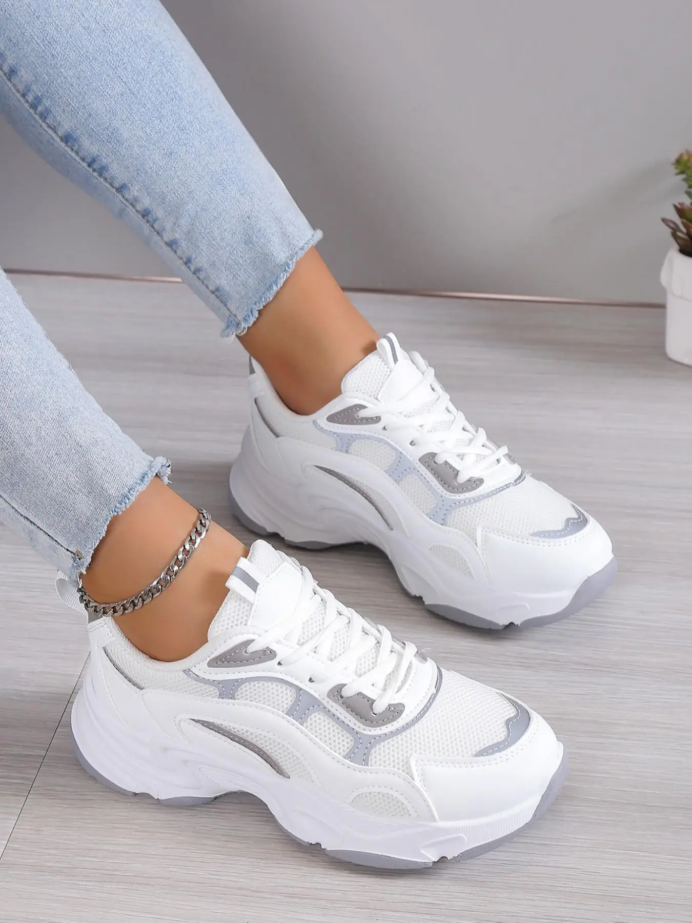 Women's Fashionable Color-block Lace-up Chunky Sneakers, Women's Jogging Shoes, Round Toe Low Top Running Shoes, Workout Sneakers, Casual Breathable C