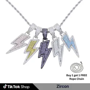 Zirconia Lightning Bolt Pendant Necklace Stylish Men's Hip Hop with Colorful Zircons Zinc Alloy Pendant Necklace Men Jewelry Necklaces