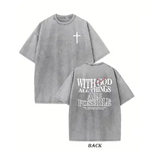 Vintage Washed T-Shirt - Dual-Sided "with God All Things Possible" & Cross Print, Loose Fit Hip Hop Streetwear, Round Neck Short Sleeve Casual Tee for Casual Attire, Ribbed Neckline Shirt