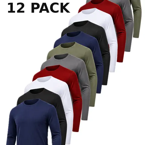 OKP Men's 12-Pack & 6-Pack Solid Round Neck Long Sleeve Polyester Fitted Sport Tees, Quick Drying Breathable Compression Gym Tops, Male Clothing for Workout, Fall Athletic Wear