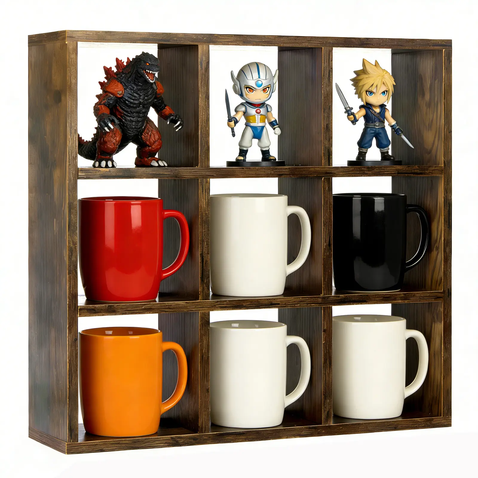 Wooden 9-Slot Coffee Mug Organizer, Space-Saving Cup Rack for Coffee Bar, Kitchen Counter