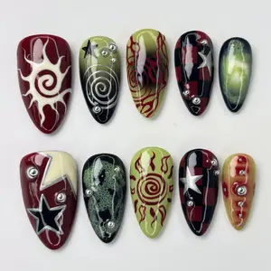 Grunge Sun Press On Nails, Summer Red & Green Abstract Nail Art, Y2K Gothic Fake Nails, Spiral Flame Star Nails, Red Green Summer Nails, Custom Nail, nailart Handpainted Acrylic