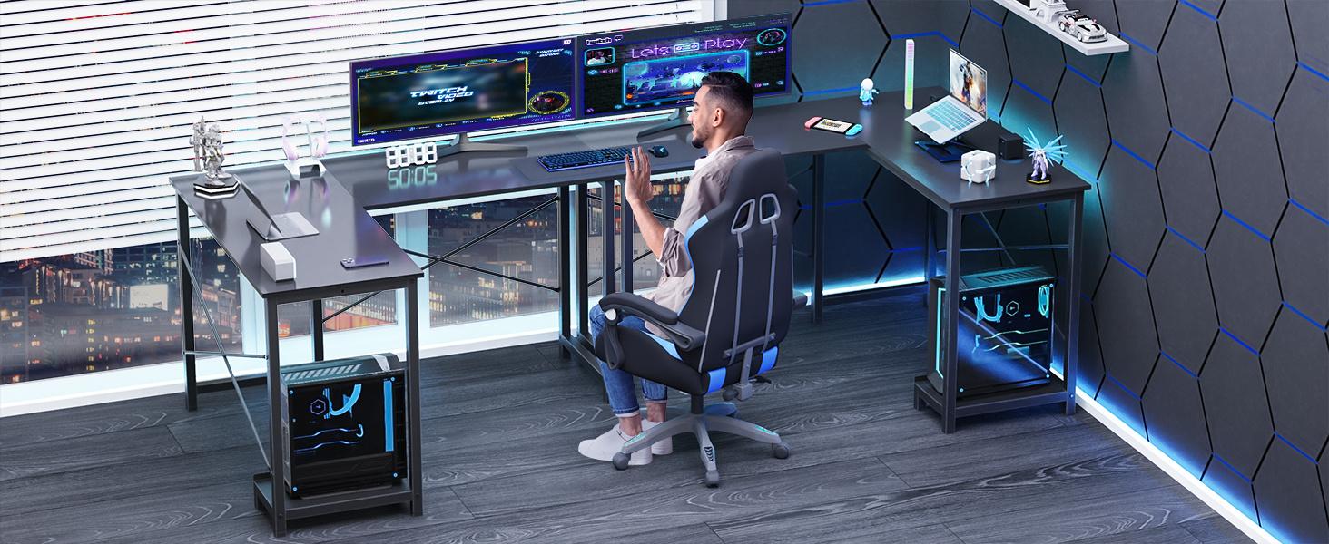 Office Shared Space 50Inch L Shaped Computer Desk - Gaming Table Corner Desk PC Writing Desk Study Desks with Wooden Desktop CPU Stand Side Bag Reversible for Home Office Dorm Small Space