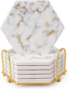 Marble Coasters for Drinks Absorbent with Cork Base, 6pcs Drink Coasters for Wooden Table with Metal Holder, Gold Ceramic Cup Coaster Set Home Decor for Housewarming (Luxury White Gold Marble 06)