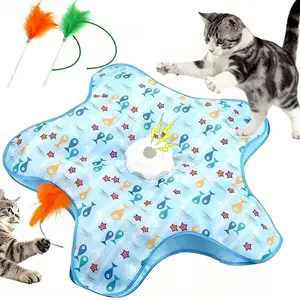Colorful Pentagonal Cat Hunting Hood with Two Feather Replacements, Electric Feather Teaser Rod Auto Rotating Toy, Self-Entertainment Hide-And-Seek Game