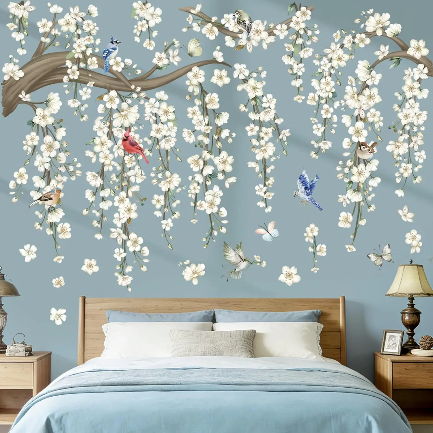 Large  Flower Vine Wall Stickers White Cherry Blossom Tree Branch Peel and Stick Wall Art  for Living Room Bedroom Sofa Background