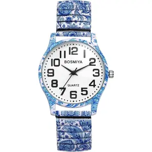 Stretch Band Watches for Women: Bohemia Flower Easy Reader Elastic Band Watch Large  Big Number Analog Quartz Bracelet Watch Expansion Band Wristwatch
