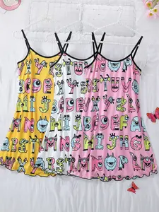 3-Piece Women's Summer Cartoon Monster Letter Print Sleeveless Nightdress, Soft Comfortable Thin Strap Sleep Dress, All Seasons, Casual Style