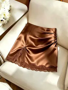 Lace patchwork mini skirt – womens elegant straight skirt in brown