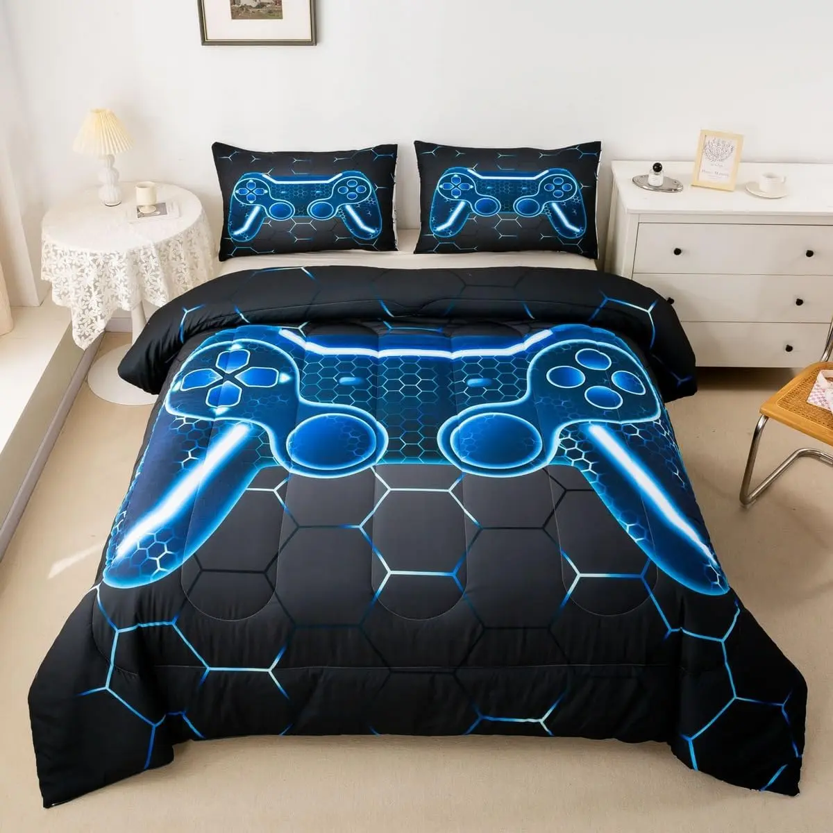 Blue Black Gaming Print Soft Warm King Bed Duvet & Set - Microfiber All-Season Duvet Comforter Bedding, Ideal Gift for Gamers, Soft Warm Bedding, Blue Black Duvets & Sets