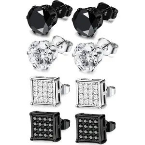 Stainless Steel Earrings for Men and Women Silver Black Square Earring Set Inlaid Cubic Zirconia 6-10MM