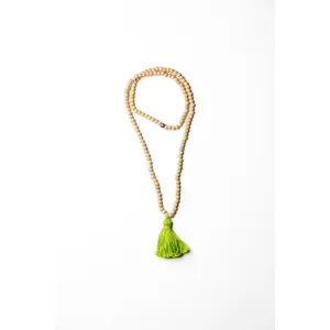 Natural Wooden Bead Necklace with Lime Green Tassel