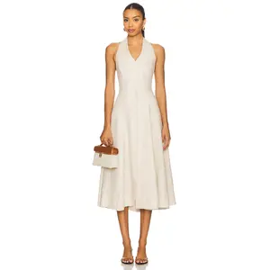 L'Academie Uma Linen Midi Dress in Natural Beige